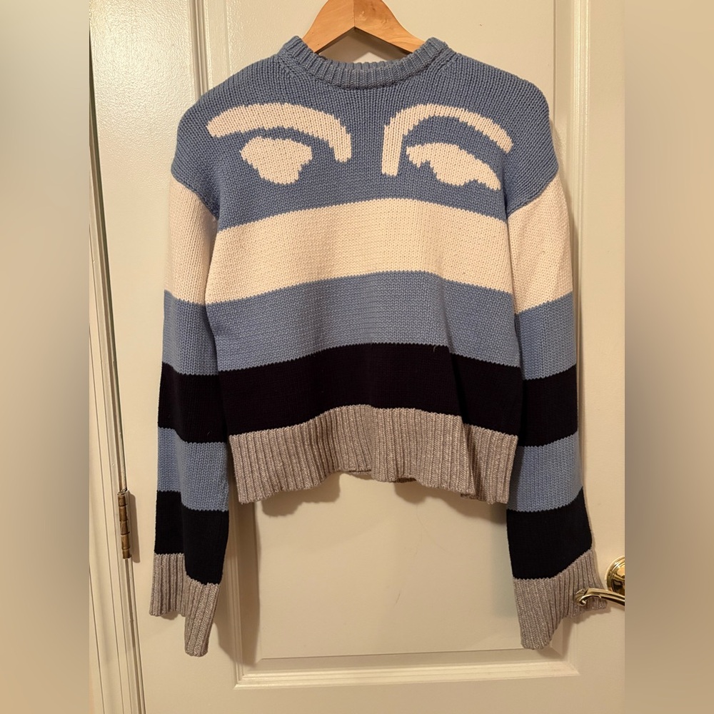 Derek Lam Cropped Knit Sweater Blue Stripe Eye Motif